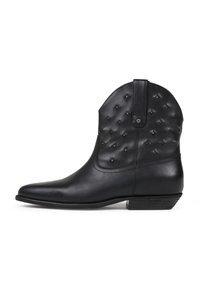 Black leather cowboy boot featuring a pointed toe, studded detailing on the shaft, and a low heel for added stability.
