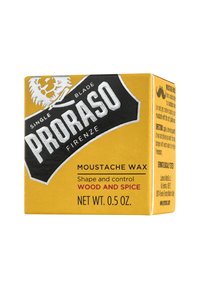 Gul rektangulær boks til skægvoks med sort og hvid tekst. Indeholder "Proraso" logo, oplysninger om duft og vægt på 0,5 oz.