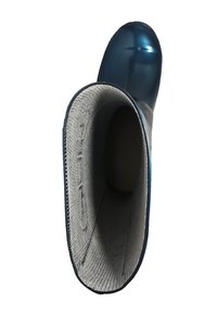 Botte en caoutchouc bleue avec une finition brillante, dotée d'une doublure intérieure texturée grise. Le design présente un bout rond et une construction robuste.