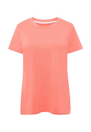 Coral short-sleeve crew neck T-shirt with plain smooth fabric and subtle stitching details around the sleeves and hem.
