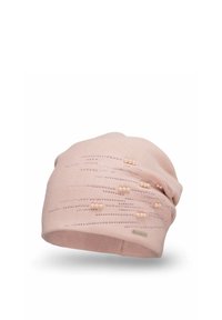 Gorro de punto rosa con un patrón texturizado, que presenta pequeños acentos de perlas y hilos metálicos sutiles para un detalle adicional.