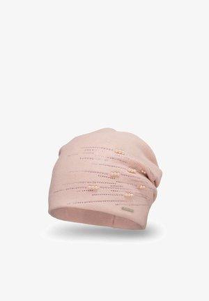 Bonnet en tricot rose avec un motif texturé, agrémenté de petites perles et de fils métalliques subtils pour un détail supplémentaire.