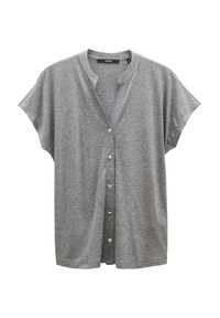 Camicia grigia a maniche corte con bottoni, con scollatura a V e tessuto morbido e testurizzato. Presenta cinque bottoni sulla parte anteriore e una vestibilità morbida.