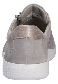 Gray suede sneaker with a metallic heel accent and white textured rubber sole. Zipper closure at the back for easy wear.