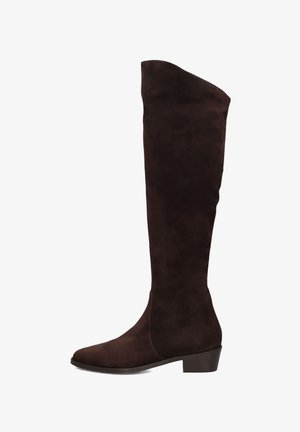 Bruine suède over-de-knie laarzen met een platte hak, met een gladde afwerking en een getailleerd silhouet.