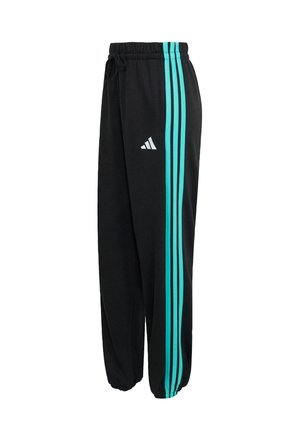 Zwarte sportbroek met elastische tailleband, voorzien van twee turquoise strepen langs de zijkant en een wit logo detail bij de heup.