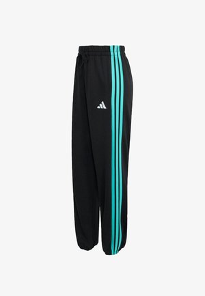 Pantalon de sport noir avec taille élastique, présentant deux bandes turquoise le long du côté et un détail de logo blanc près de la hanche.