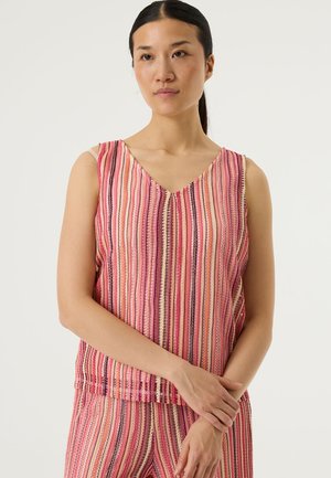 Mouwloze top met V-hals in roze, rood en paarse strepen; lichtgewicht stof met een subtiele textuur en een ontspannen pasvorm.