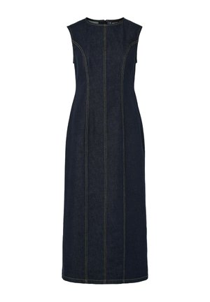 Sleeveless dark blue denim midi dress with round neckline and vertical contrast stitching down front and sides.