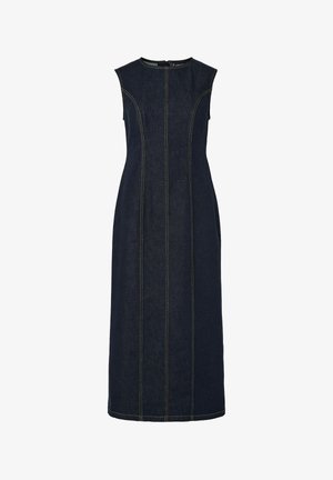 Sleeveless dark blue denim midi dress with round neckline and vertical contrast stitching down front and sides.