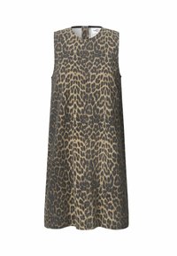 Abito senza maniche in stampa leopardata con una combinazione di colori beige e nero, caratterizzato da un collo rotondo e una forma A-line morbida, realizzato in tessuto leggero.