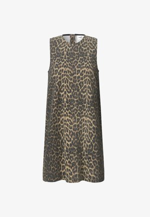 Bez piedurknēm tērps ar leoparda rakstu, kas apvieno bēša un melnu krāsu shēmu, ar apaļu kakla izgriezumu un brīvu A-siluetu, izgatavots no viegla auduma.