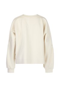 Helles beiges Pullover-Sweatshirt mit Rundhalsausschnitt, überschnittenen Schultern und gerippten Bündchen. Verfügt über eine glatte Textur und minimale Nahtdetails.