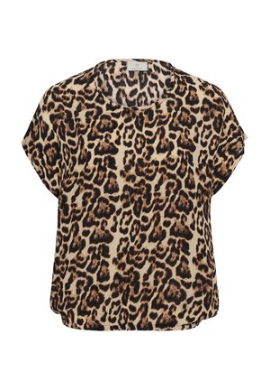 Krátky rukáv blúzka s béžovým, hnedým a čiernym leopardím vzorom a okrúhlym výstrihom.