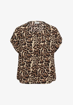 Krátky rukáv blúzka s béžovým, hnedým a čiernym leopardím vzorom a okrúhlym výstrihom.