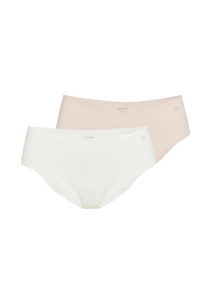Two seamless women's hipster briefs in white and light beige, each with a small logo and floral emblem on the front waistband.
