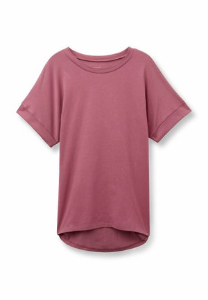 Lila Freizeithemd mit kurzen Ärmeln, rundem Ausschnitt und leicht geschwungenem Saum, vor weißem Hintergrund dargestellt.