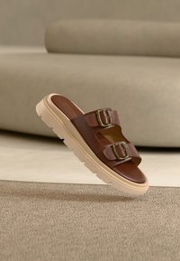Sandale à glissière en cuir marron avec deux boucles dorées et une semelle épaisse beige reposant sur un tapis dans une pièce aux tons neutres.