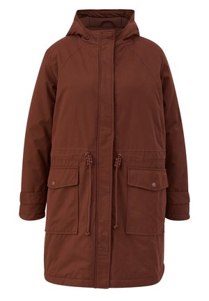 Brown hooded jacket made of fabric with a smooth texture, featuring two front pockets, drawstring waist, and button closure.