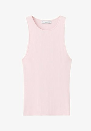 Débardeur sans manches rose clair à côtes, avec col rond, posé à plat sur un fond blanc.