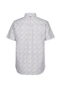 Cămașă cu mâneci scurte dintr-un material ușor, având un model floral albastru și galben pe fundal alb, cu un guler mic și tiv drept.