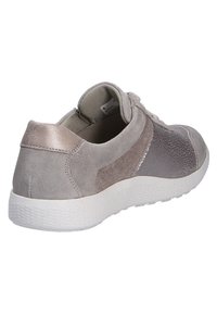 Gray suede sneaker with textured accents, a silver panel, round toe, and white rubber sole. Features a lace-up design and padded collar.