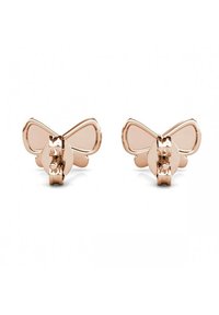 Orecchini a forma di farfalla in oro rosa con superfici lisce e riflettenti e un piccolo accento floreale al centro.