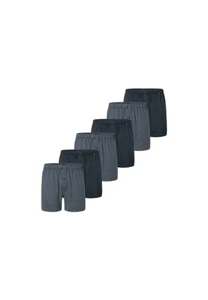 Boxershorts in Dunkelblau mit vertikalen Streifenmustern. Elastischer Bund, weicher Baumwollstoff, lässiges Design, sieben Paare ausgestellt.