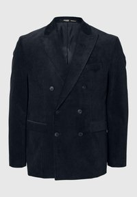 Marinblå kordfløyelsjacka med dubbelknäppning och notslapel, två framfickor och knappstängning. Texturerat tyg med vertikala ränder.