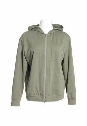Olive green zip-up hoodie with front chest pocket and long sleeves, displayed on a white mannequin against a plain background.