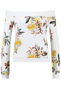 Felpa off-the-shoulder in tessuto grigio chiaro con un vivace motivo floreale nei colori giallo, rosa e verde. Polsini e orlo a coste.