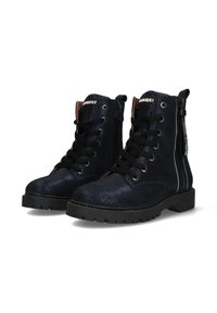 Marineblauwe veterschoenen met glanzende afwerking, zwarte zool, zijrits en bruine leren accenten aan de bovenkant. Gestructureerd bovenwerk ontwerp.