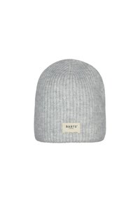 Gray, ribbed knit beanie made of soft material, featuring a small cream tag with "BARTS" logo on the front. Simple, form-fitting design.