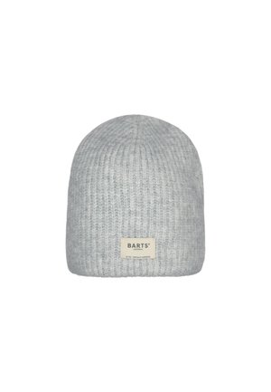 Graue, gerippte Strickmütze aus weichem Material, ausgestattet mit einem kleinen, cremefarbenen Etikett mit dem "BARTS"-Logo auf der Vorderseite. Einfaches, körpernahes Design.