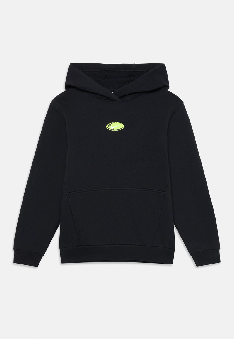 Hoodie preto feito de um tecido macio, com um bolso frontal e um pequeno logotipo verde néon no peito. Inclui um capuz com cordão.