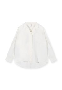 Witte linnen blouse met lange mouwen, knoopsluiting aan de voorkant, kraagdetail, enkele borstzak en een gebogen zoom. Getextureerde, lichte stof.