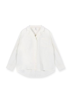 White linen shirt with long sleeves, buttoned front, collar detail, single chest pocket, and curved hemline. Textured, lightweight fabric.