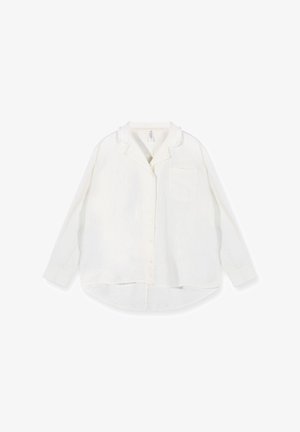 Witte linnen blouse met lange mouwen, knoopsluiting aan de voorkant, kraagdetail, enkele borstzak en een gebogen zoom. Getextureerde, lichte stof.