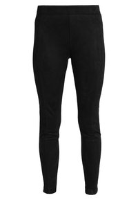 Leggings neri in finta suede con vestibilità aderente, texture liscia e cintura elastica. Presentano cuciture minime per un design snello.