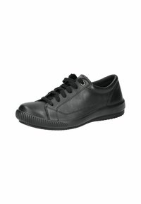 Schwarzer Ledersneaker mit runder Zehenform, flacher Sohle und Schnürdesign. Verfügt über minimale Nähte und eine strukturierte Gummisohle für besseren Halt.