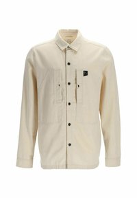Giacca camicia color crema realizzata in cotone, con chiusura frontale a bottoni, due tasche sul petto e un piccolo logo ricamato. Tessuto testurizzato con maniche lunghe.