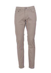 Beige slim fit broek van een gladde katoenmix, met vijf zakken, subtiele stiksels en een standaard knoop- en ritsluiting.