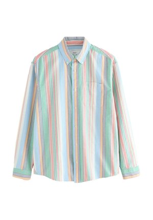 Langärmeliges Hemd mit Knöpfen und pastellfarbenen vertikalen Streifen in Grün, Blau, Rosa und Gelb, mit Brusttasche und geknöpftem Kragen.