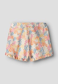 Szorty w kwiatowy wzór na kremowym tle, z pomarańczowymi, różowymi, żółtymi i niebieskimi motywami. Żaboturowy dół i elastyczny pas.