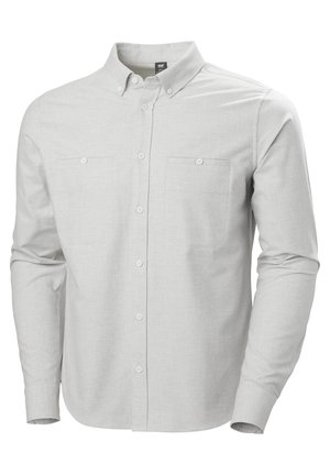 Hellgraues Langarmhemd mit Button-Down-Kragen, zwei Brusttaschen und einem weichen, strukturierten Stoff. Mit Frontknopfverschluss.