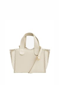 Beež nahast käekott palmikutega kaunistatud, kahe ülemise sangaga ja reguleeritava rihmaga. Sile tekstuur ja hästi määratletud kuju.