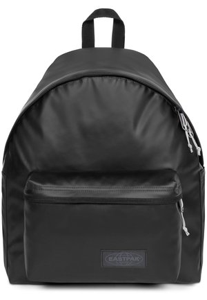 Black nylon backpack with a rounded top, front zip pocket, dual top handles, and metal zipper accents, featuring a logo patch at the front.