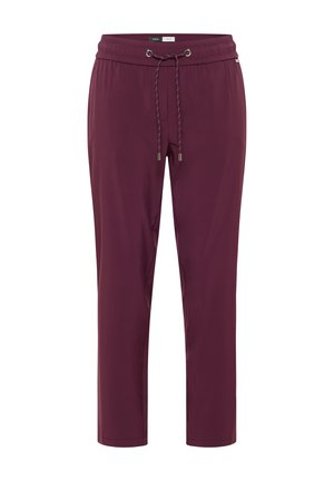 Burgundy athletic pants with an elastic waistband, drawstring closure, and tapered legs. Smooth, lightweight fabric with no visible patterns.