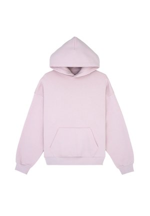 Lichtroze hoodie van zacht materiaal, met een voorkantzak, brede mouwen en een eenvoudig ontwerp zonder patronen of accenten.