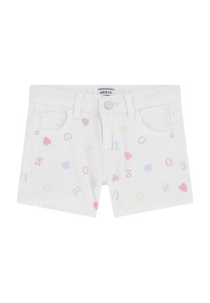 Hvide børneshorts med pastelfarvede hjerter og bogstaver over det hele, med forlommer og knaplukning.